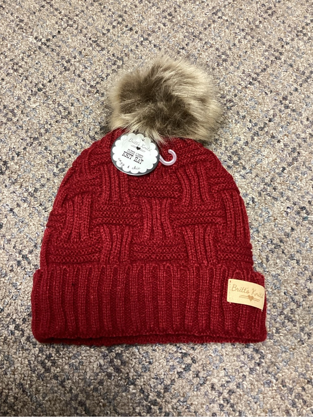 Britt’s Knit’s Cozy Dark Red Textured Knit Pom Plush 
Lined Beanie Hat * NWT